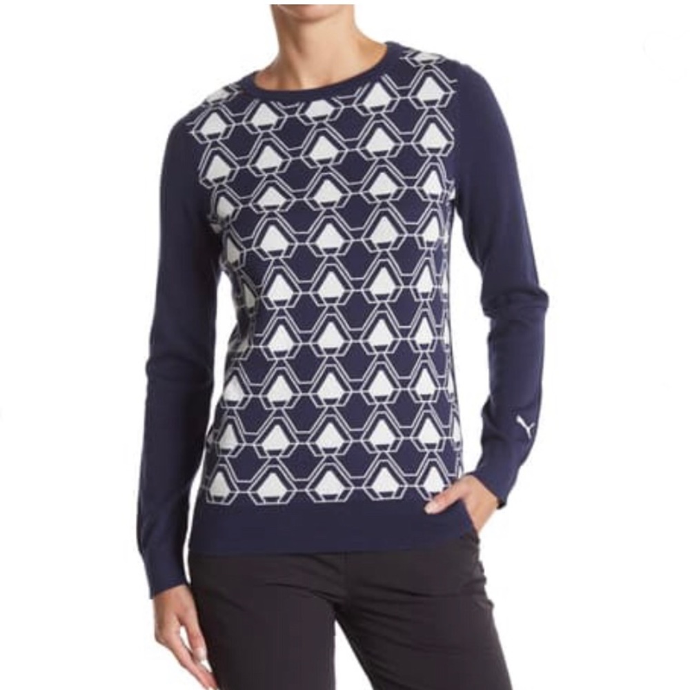 🛑CLEARANCE‼️ 🆕 PUMA Dassler Geometric Print blue & white size large Sweater